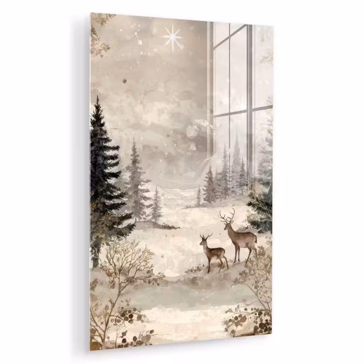 Glas schilderij - Bos - Herten - Winter - Sneeuw — 1
