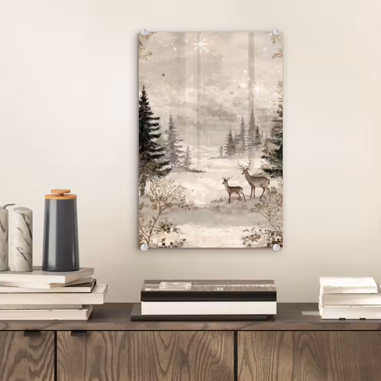 Glas schilderij - Bos - Herten - Winter - Sneeuw — 2