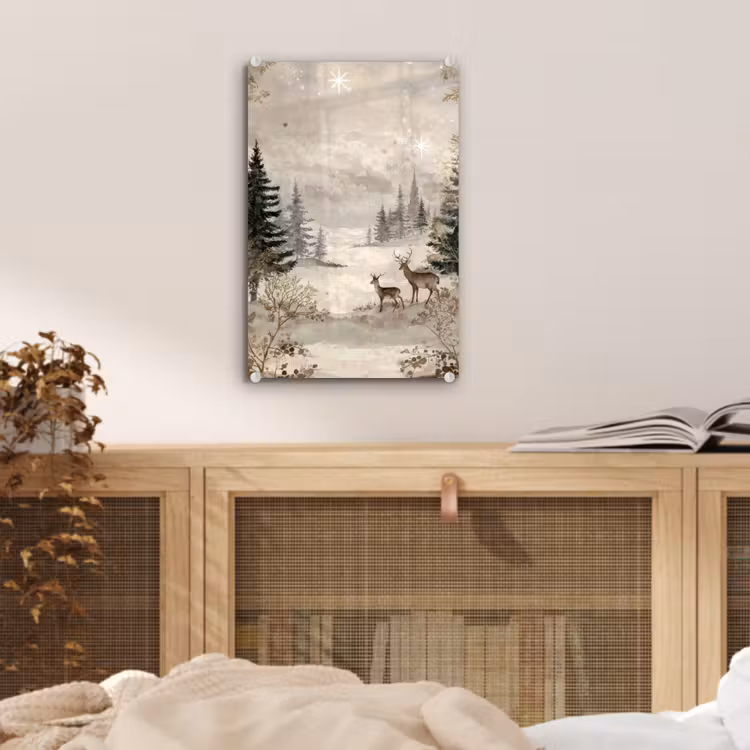 Glas schilderij - Bos - Herten - Winter - Sneeuw — 5