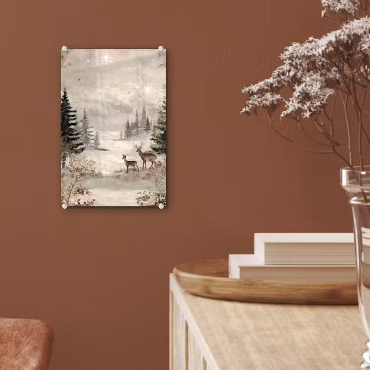 Glas schilderij - Bos - Herten - Winter - Sneeuw — 6