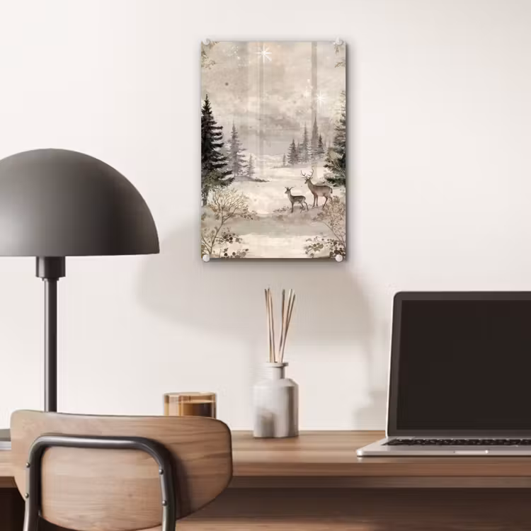 Glas schilderij - Bos - Herten - Winter - Sneeuw — 7