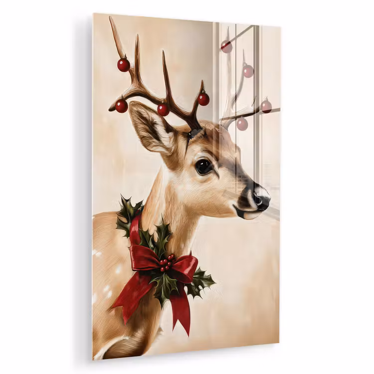 Glas schilderij - Gewei - Kerst - Rendier - Rood — 1