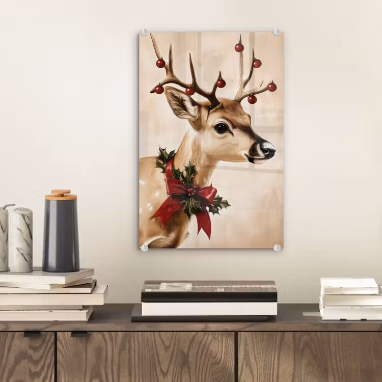 Glas schilderij - Gewei - Kerst - Rendier - Rood — 2