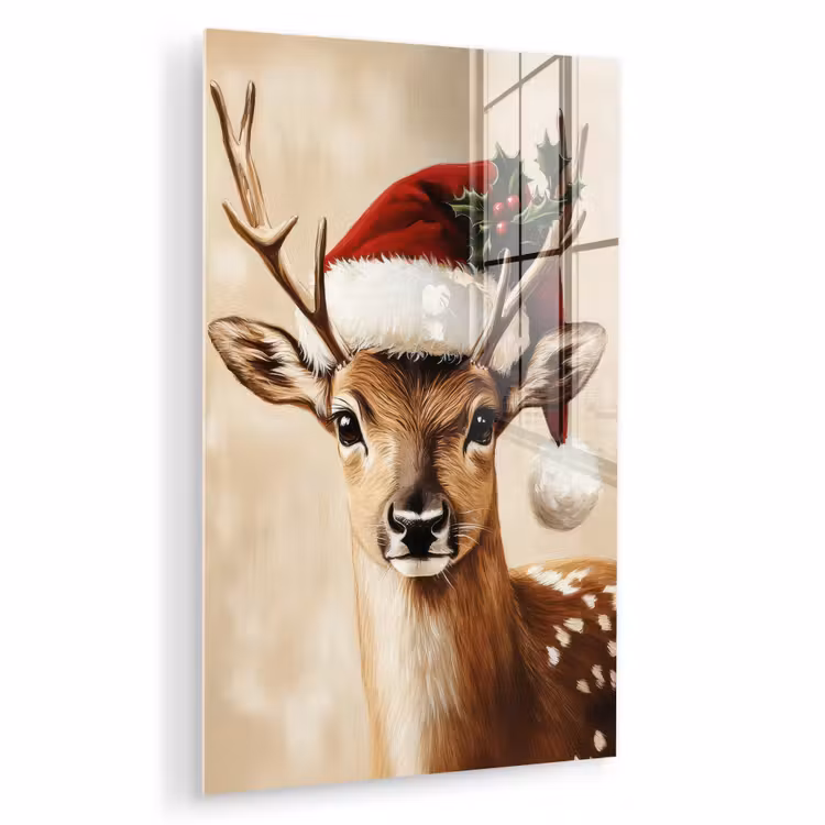 Glas schilderij - Kerst - Hert - Gewei - Rood — 1