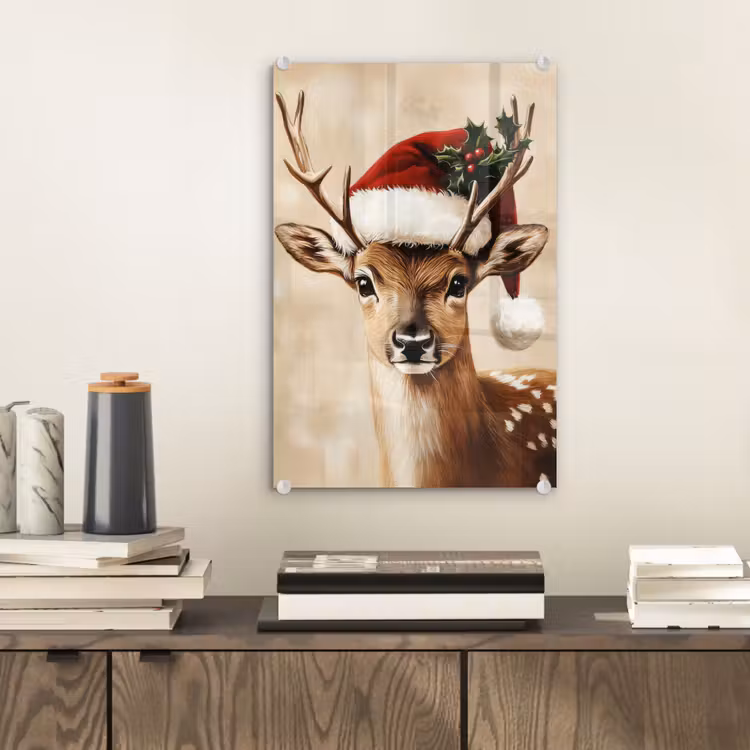 Glas schilderij - Kerst - Hert - Gewei - Rood — 2