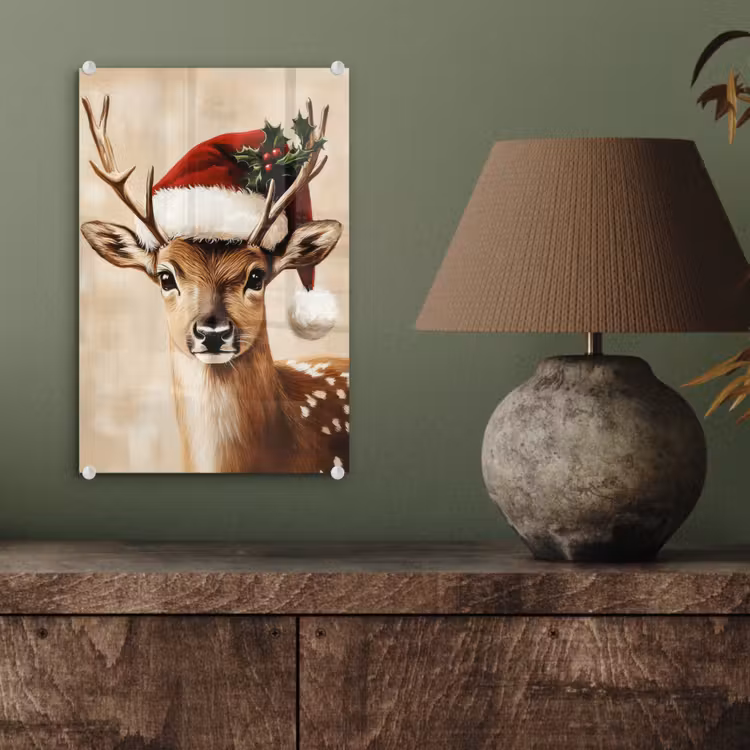 Glas schilderij - Kerst - Hert - Gewei - Rood — 4