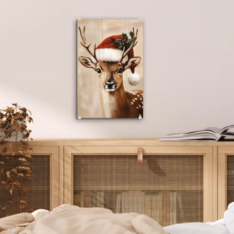 Glas schilderij - Kerst - Hert - Gewei - Rood — 5