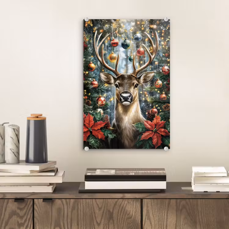Glas schilderij - Kerstfeest - Dennenbos - Rood — 2