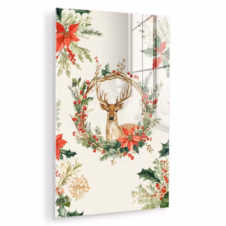 Glas schilderij - Kerstkrans - Hert - Hulst - Rood — 1