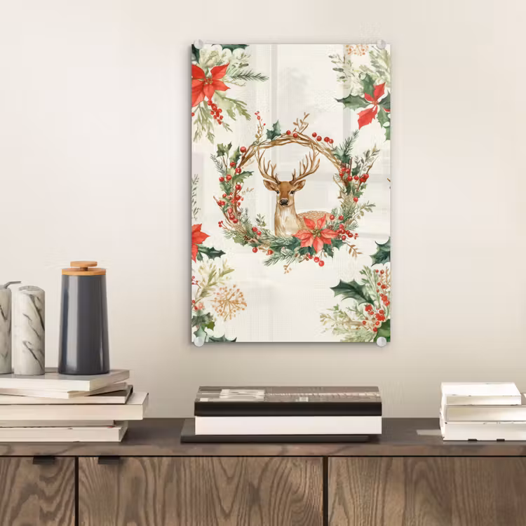Glas schilderij - Kerstkrans - Hert - Hulst - Rood — 2