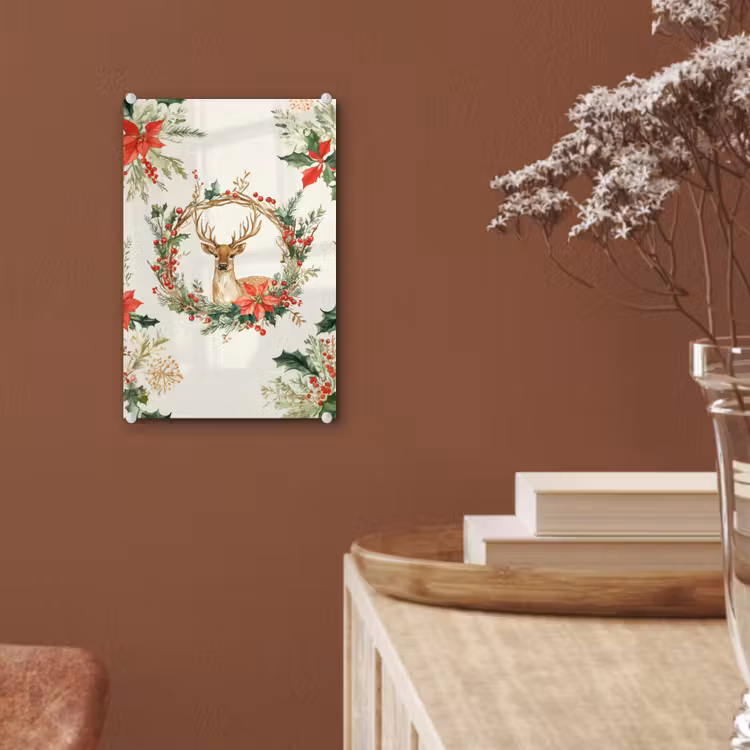 Glas schilderij - Kerstkrans - Hert - Hulst - Rood — 6