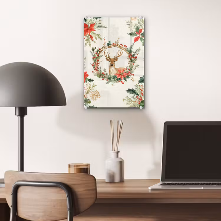 Glas schilderij - Kerstkrans - Hert - Hulst - Rood — 7
