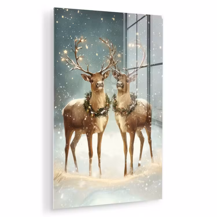 Glas schilderij - Kerstmagie - Winterwoud - Rendier — 1