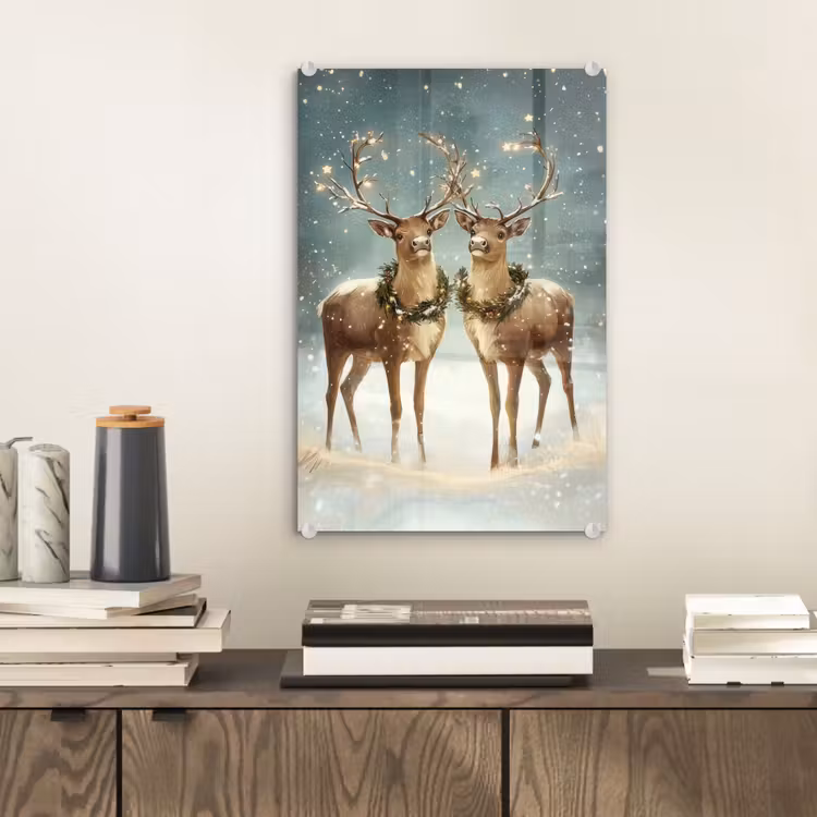 Glas schilderij - Kerstmagie - Winterwoud - Rendier — 2