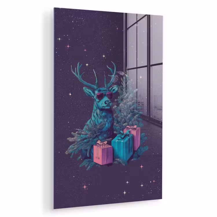 Glas schilderij - Rendier - Zonnebril - Neon - Kerstboom — 1