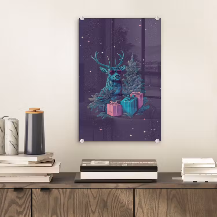 Glas schilderij - Rendier - Zonnebril - Neon - Kerstboom — 2