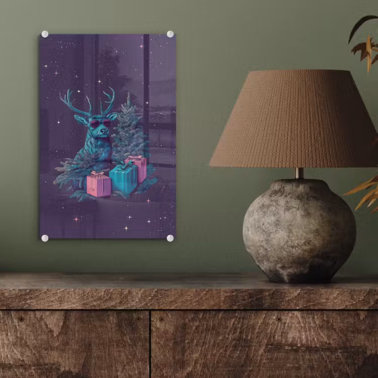 Glas schilderij - Rendier - Zonnebril - Neon - Kerstboom — 4