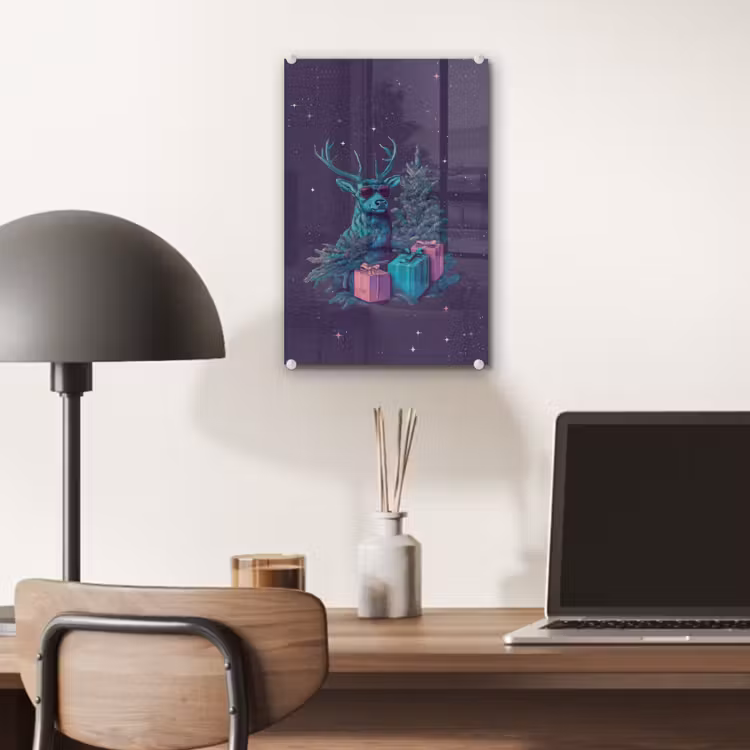 Glas schilderij - Rendier - Zonnebril - Neon - Kerstboom — 7