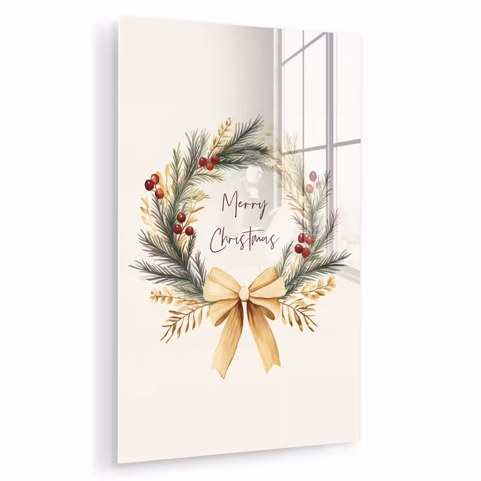 Glas schilderij - Kerstkrans - Kerst - Goud - Beige — 1