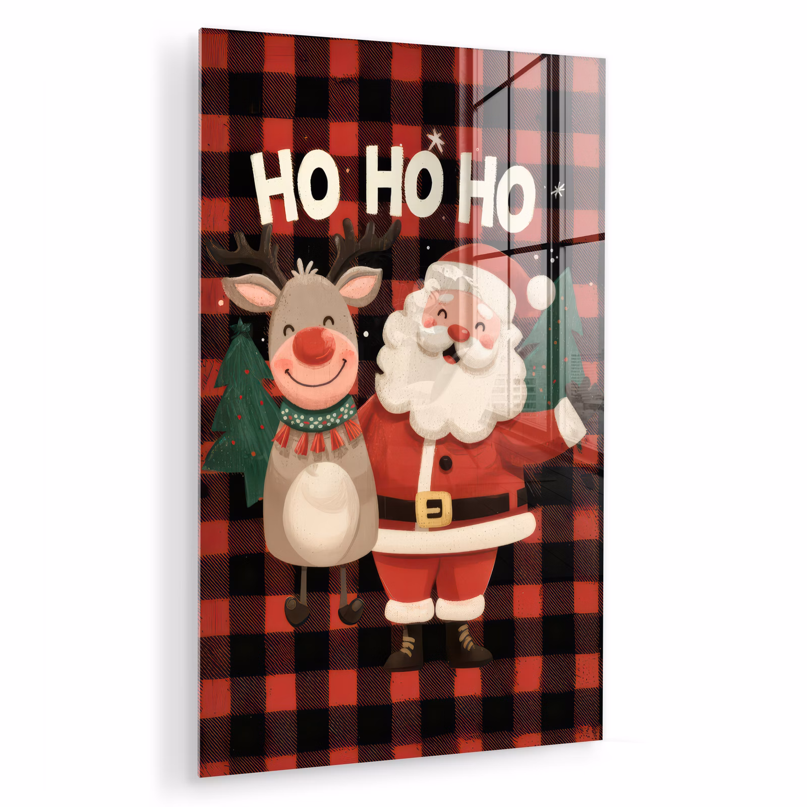 Glas schilderij - Kerstman - Rendier - Tekst - Rood - Zwart — 1