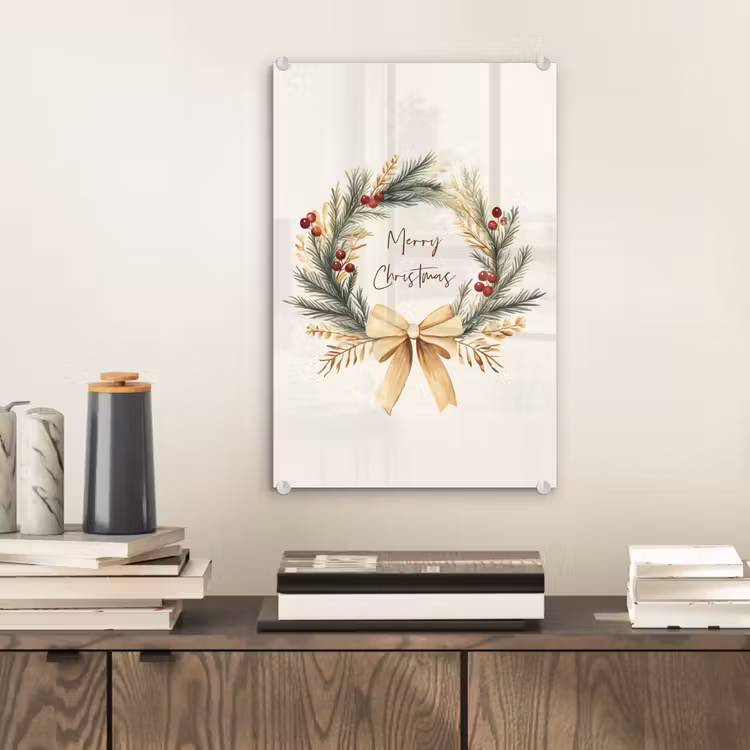 Glas schilderij - Kerstkrans - Kerst - Goud - Beige — 2