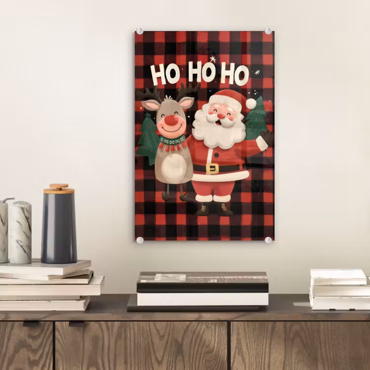 Glas schilderij - Kerstman - Rendier - Tekst - Rood - Zwart — 2