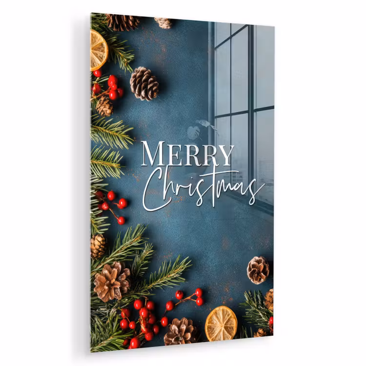 Glas schilderij - Merry Christmas - Blauw - Kerst - Winter — 1