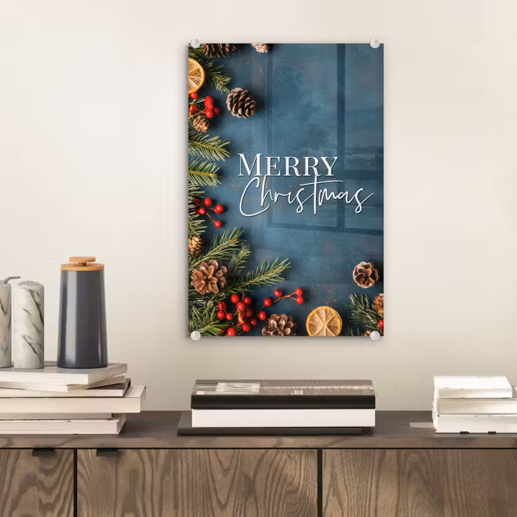 Glas schilderij - Merry Christmas - Blauw - Kerst - Winter — 2