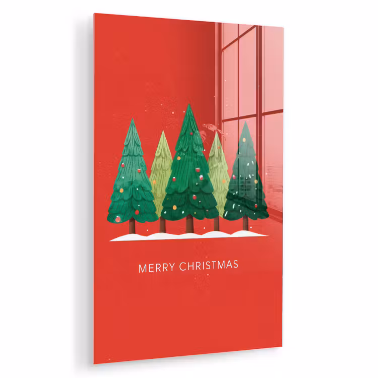 Glas schilderij - Minimalistisch - Kerstbomen - Rood - Sneeuw — 1