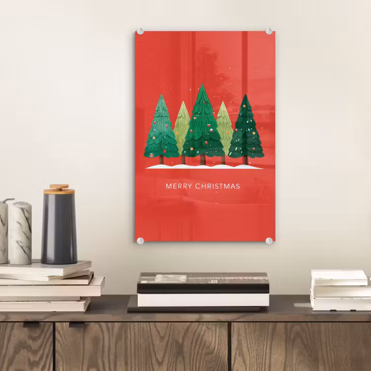 Glas schilderij - Minimalistisch - Kerstbomen - Rood - Sneeuw — 2