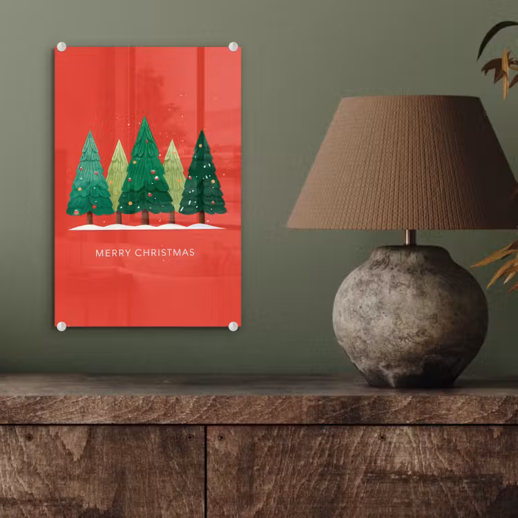 Glas schilderij - Minimalistisch - Kerstbomen - Rood - Sneeuw — 4