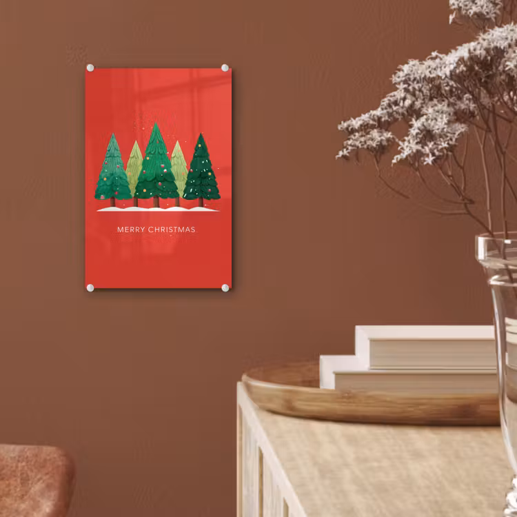 Glas schilderij - Minimalistisch - Kerstbomen - Rood - Sneeuw — 6
