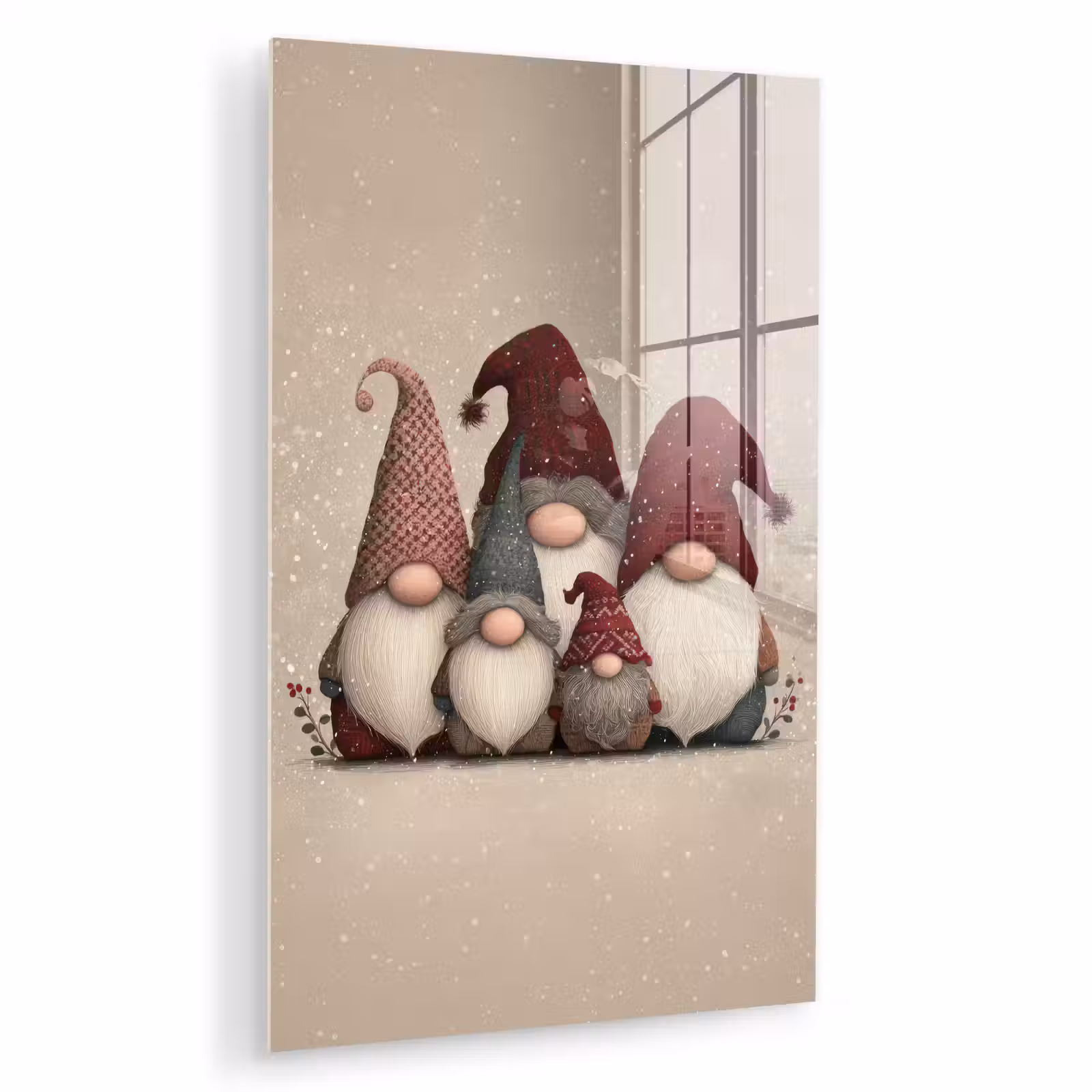 Glas schilderij - Kabouters - Kerst - Sneeuw - Puntmutsen — 1