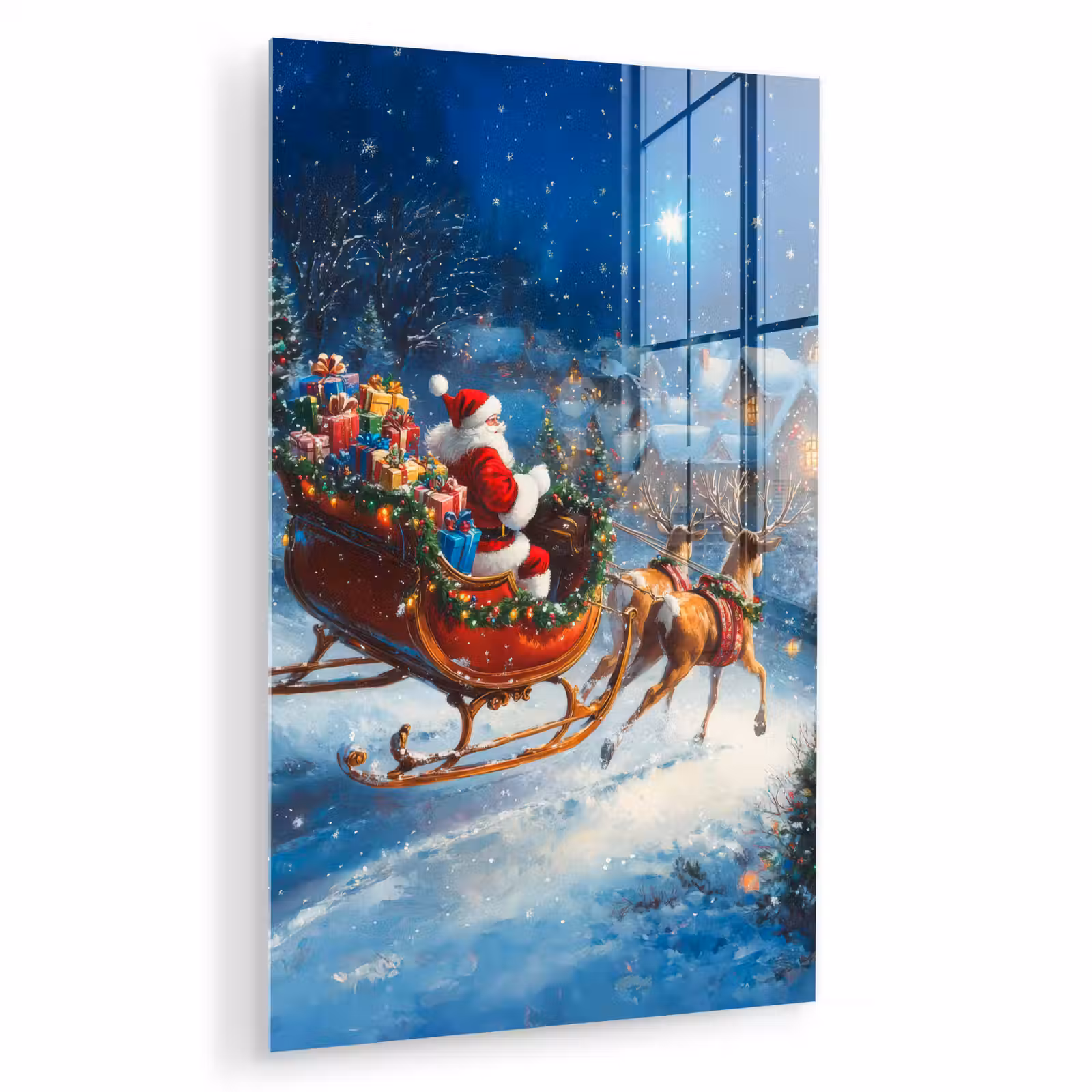 Glas schilderij - Kerstman - Rendier - Kerst - Sneeuw — 1