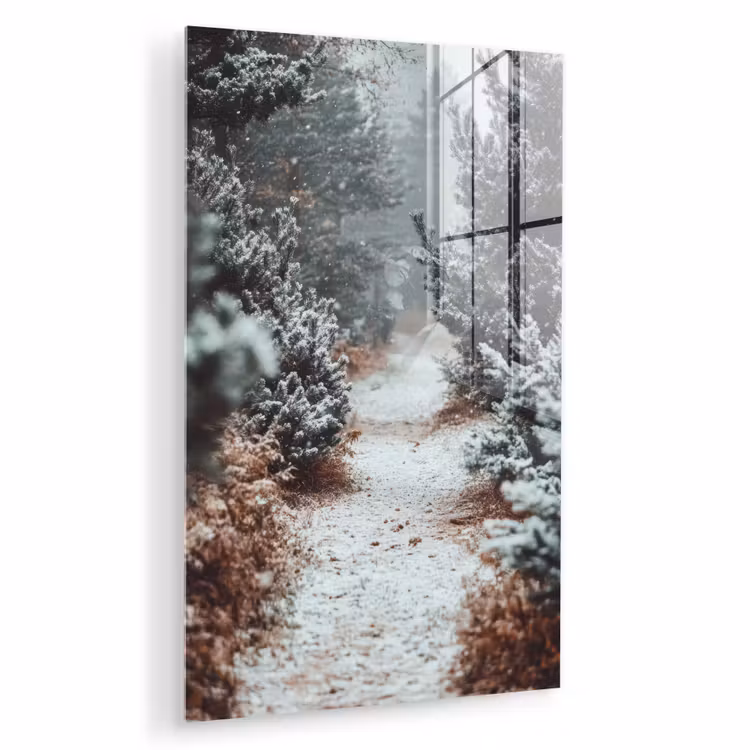 Glas schilderij - Bos - Winter - Bomen - Natuur - Pad - Sneeuw — 1