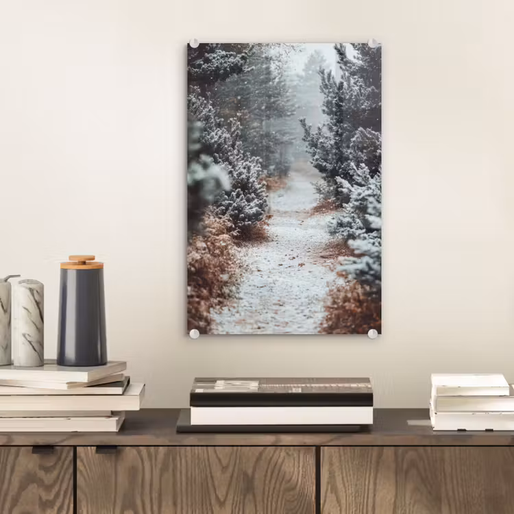 Glas schilderij - Bos - Winter - Bomen - Natuur - Pad - Sneeuw — 2