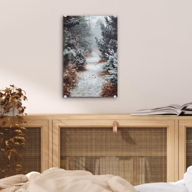 Glas schilderij - Bos - Winter - Bomen - Natuur - Pad - Sneeuw — 5