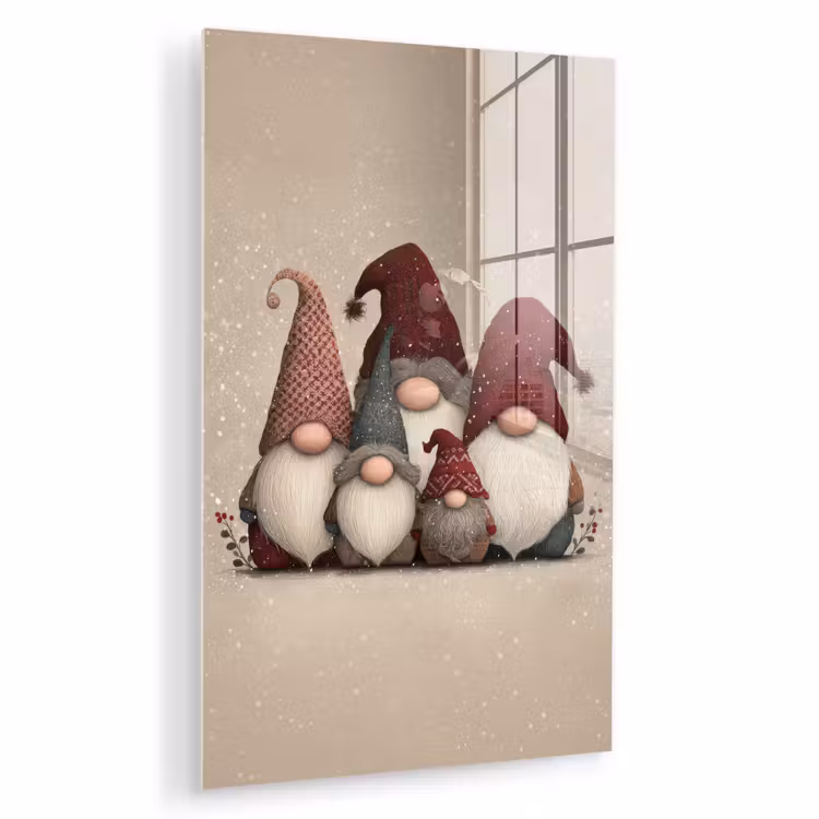 Glas schilderij - Kabouters - Kerst - Sneeuw - Puntmutsen — 1