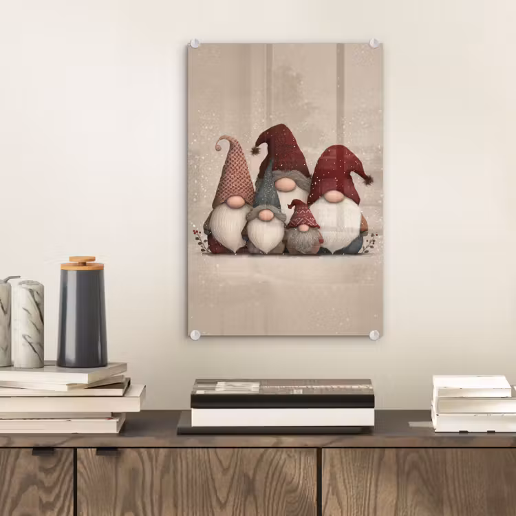 Glas schilderij - Kabouters - Kerst - Sneeuw - Puntmutsen — 2