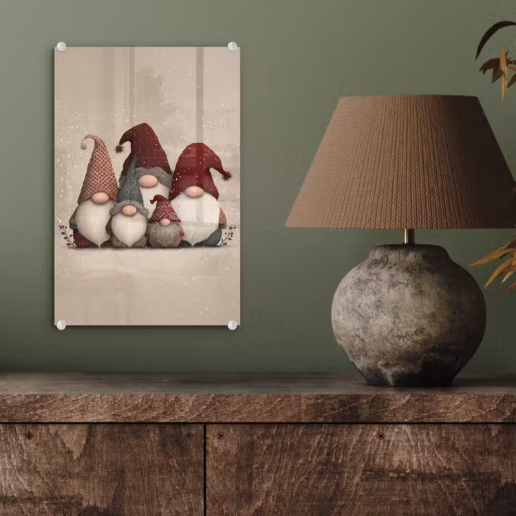 Glas schilderij - Kabouters - Kerst - Sneeuw - Puntmutsen — 4