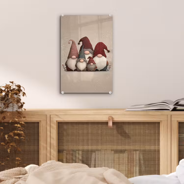 Glas schilderij - Kabouters - Kerst - Sneeuw - Puntmutsen — 5