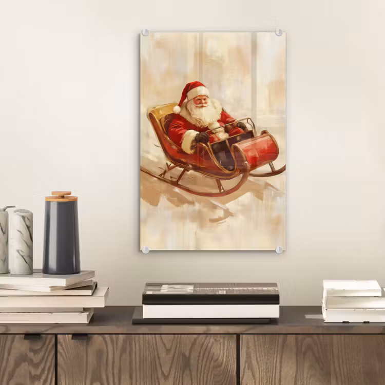 Glas schilderij - Kerst - Slee - Kerstman — 2