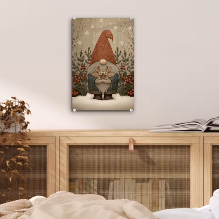 Glas schilderij - Kerstgnome - Konijntjes - Kleurrijk — 5