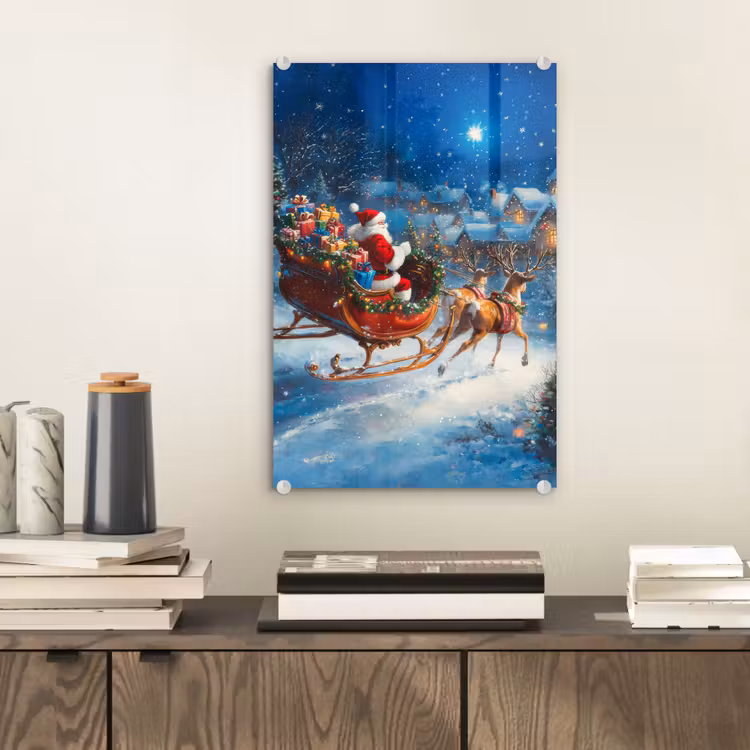 Glas schilderij - Kerstman - Rendier - Kerst - Sneeuw — 2