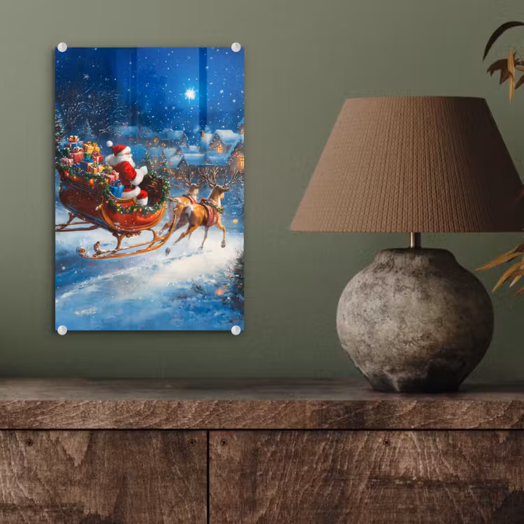 Glas schilderij - Kerstman - Rendier - Kerst - Sneeuw — 4