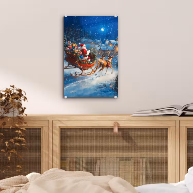 Glas schilderij - Kerstman - Rendier - Kerst - Sneeuw — 5