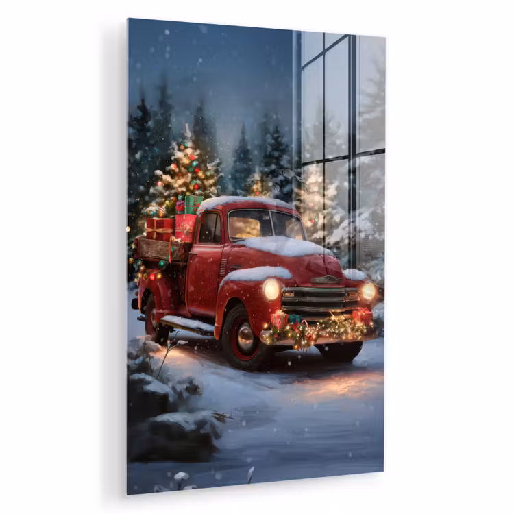 Glas schilderij - Kersttruck - Sneeuwbos - Rood — 1
