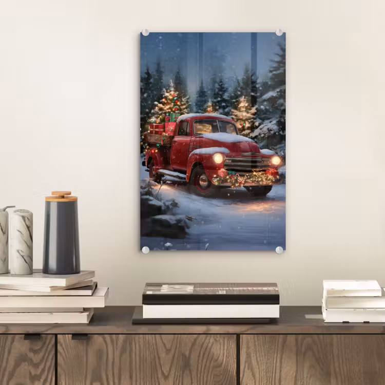 Glas schilderij - Kersttruck - Sneeuwbos - Rood — 2
