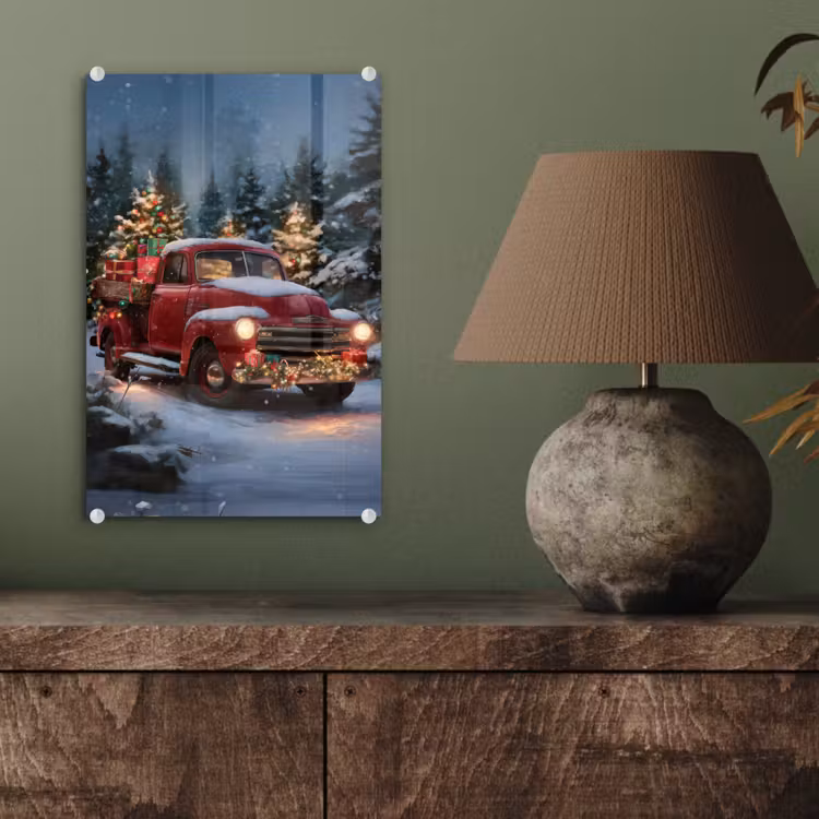 Glas schilderij - Kersttruck - Sneeuwbos - Rood — 4