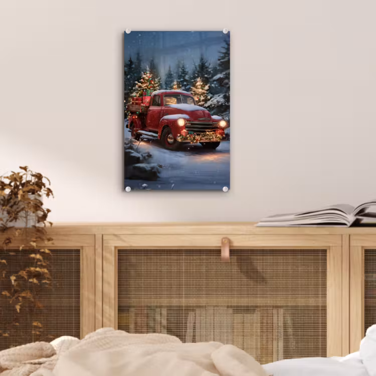 Glas schilderij - Kersttruck - Sneeuwbos - Rood — 5